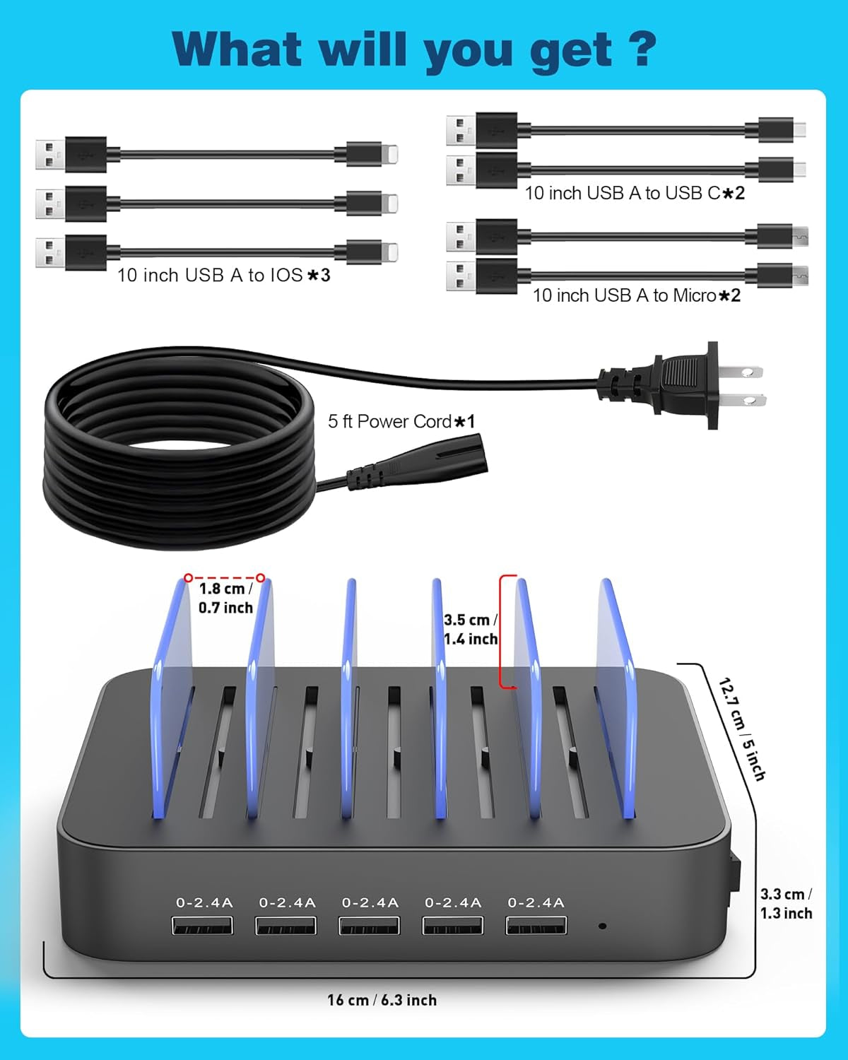 Charging Station for Multiple Devices, 5 Port Multi USB Charger Station with Power Switch Designed for Iphone Ipad Cell Phone Tablets (Gray, 7 Mixed Short Cables Included)