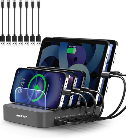 Charging Station for Multiple Devices,  5 Port Multi USB Charger Station with Power Switch Designed for Iphone Ipad Cell Phone Tablets (Gray, 7 Mixed Short Cables Included)